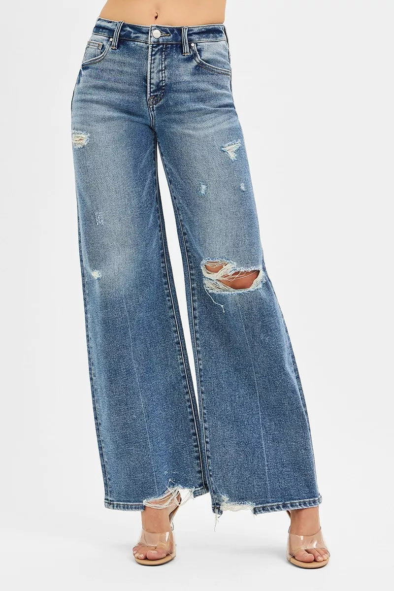 Risen Mid Rise Distressed Wide Leg Jeans