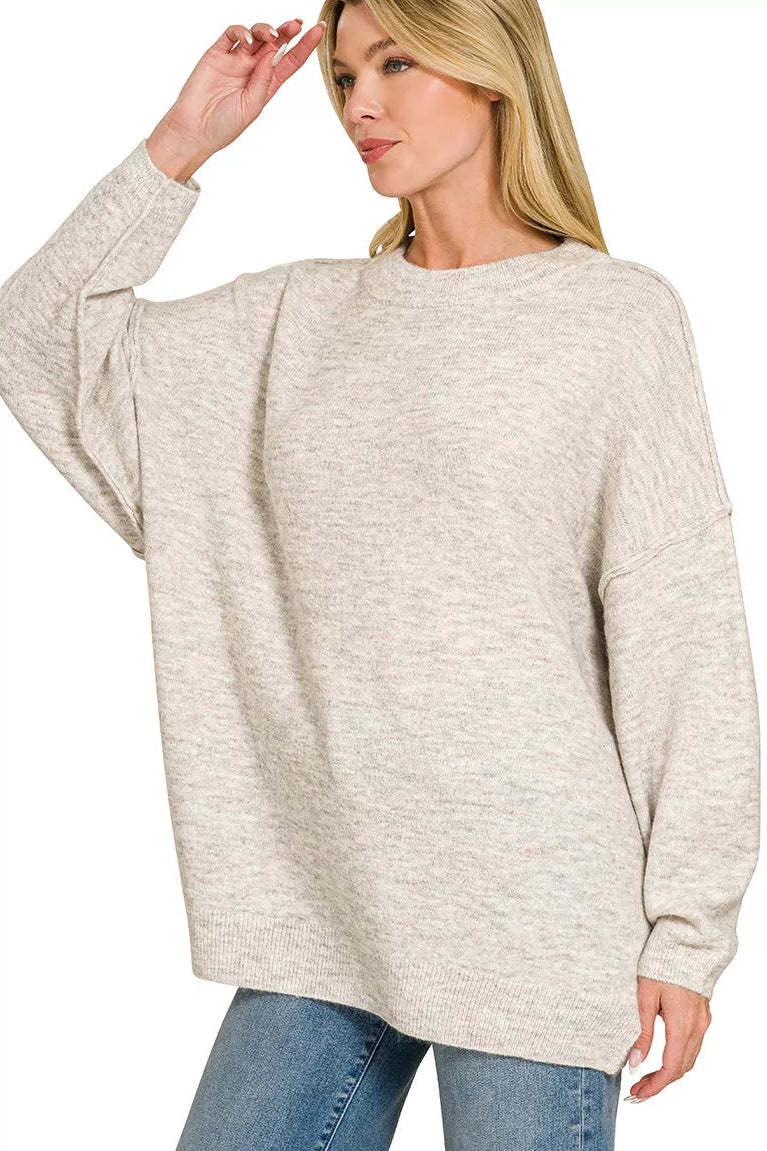 Zenana Oversized Exposed Seam Melange Sweater in Bone