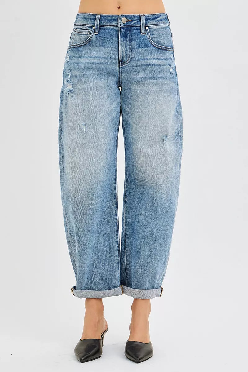 Risen Slouchy Ankle Length Cuffed Barrel Jeans