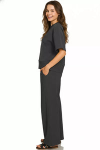 Zenana Ribbed Round Neck Pullover and Pants Set in Black