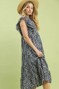 Umgee Leaf Print Tiered Midi Dress with Ruffle Detail in Navy