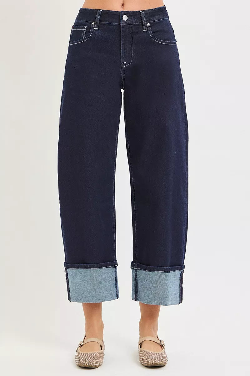 Risen High Rise Dark Wash Slouchy Crop Barrel Jeans PGC21709 