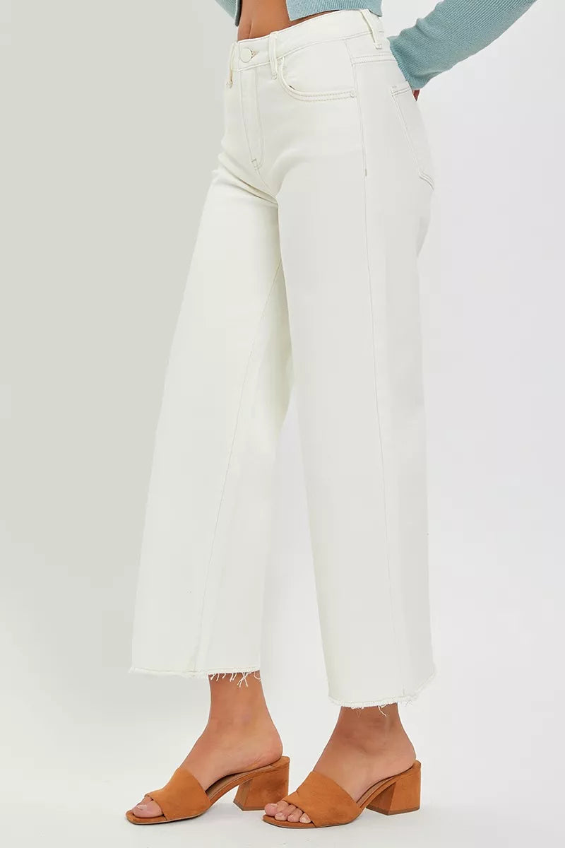 Risen Tummy Control High Rise Cream Wide Leg Jeans