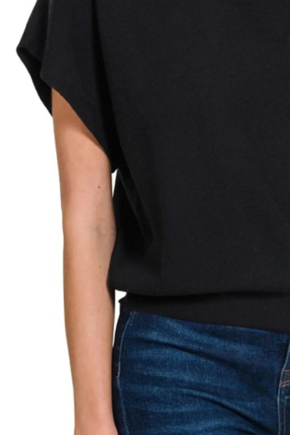 Zenana Round Neck Short Dolman Sleeve Sweater in Black