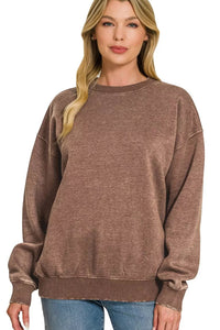 Zenana Fleece Enzyme Washed Round Neck Sweatshirt