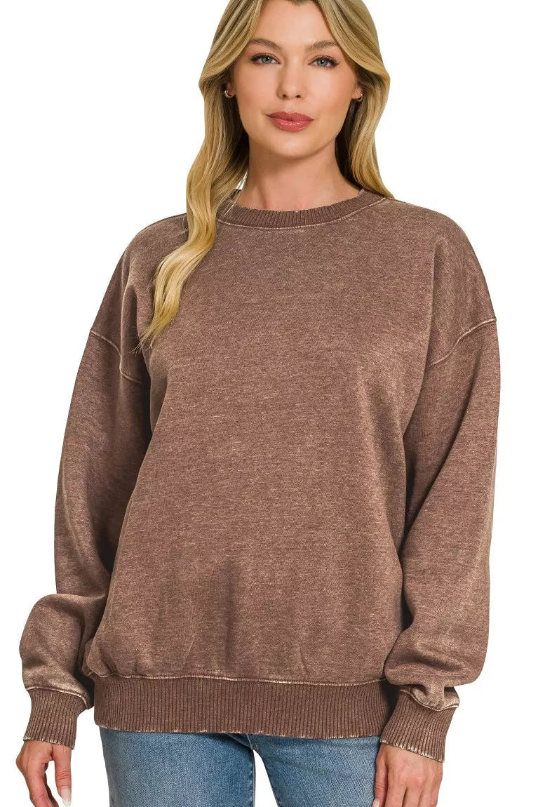 Zenana Fleece Enzyme Washed Round Neck Sweatshirt
