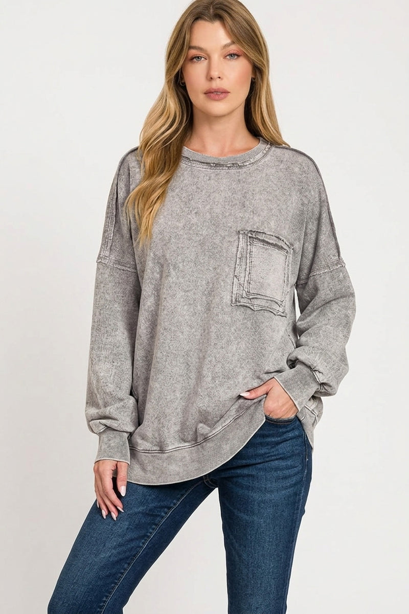 Halo Washed French Terry Pullover Sweatshirt in Ash Black
