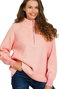 Zenana Ribbed Two Tone Half Zip Sweater in Dark Pink/Taupe