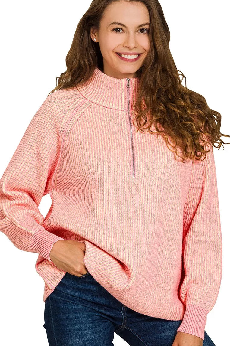 Zenana Ribbed Two Tone Half Zip Sweater in Dark Pink/Taupe