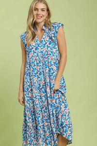 Umgee Leaf Print Midi Tiered Dress with Side Pockets