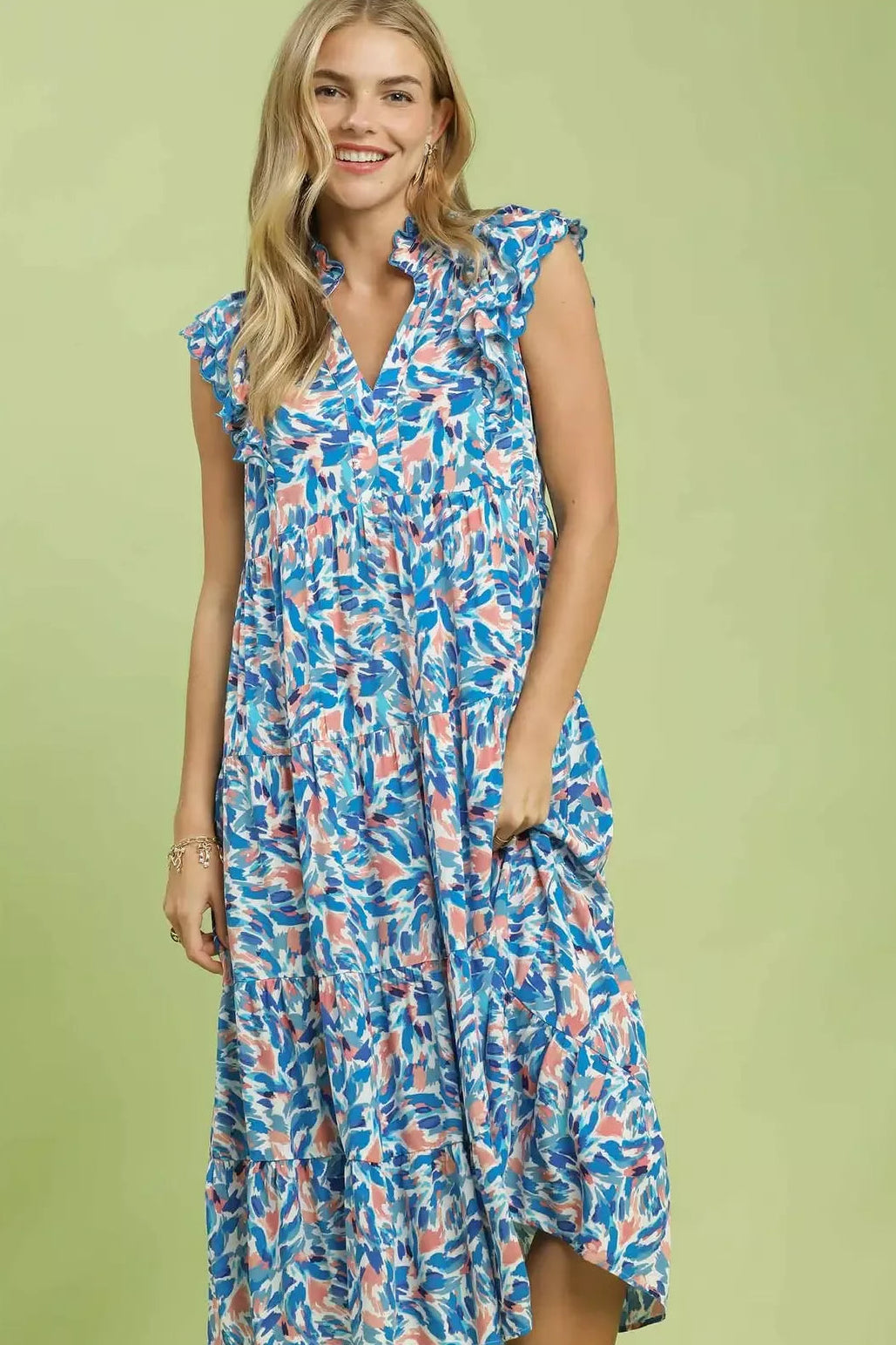 Umgee Leaf Print Midi Tiered Dress with Side Pockets