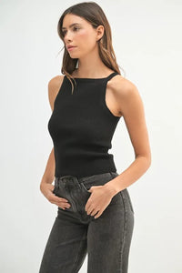 Black High Neck Ribbed Knit Tank