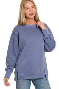 Zenana Pigment Dye Exposed-Seam Fleece Sweatshirt in Light Navy