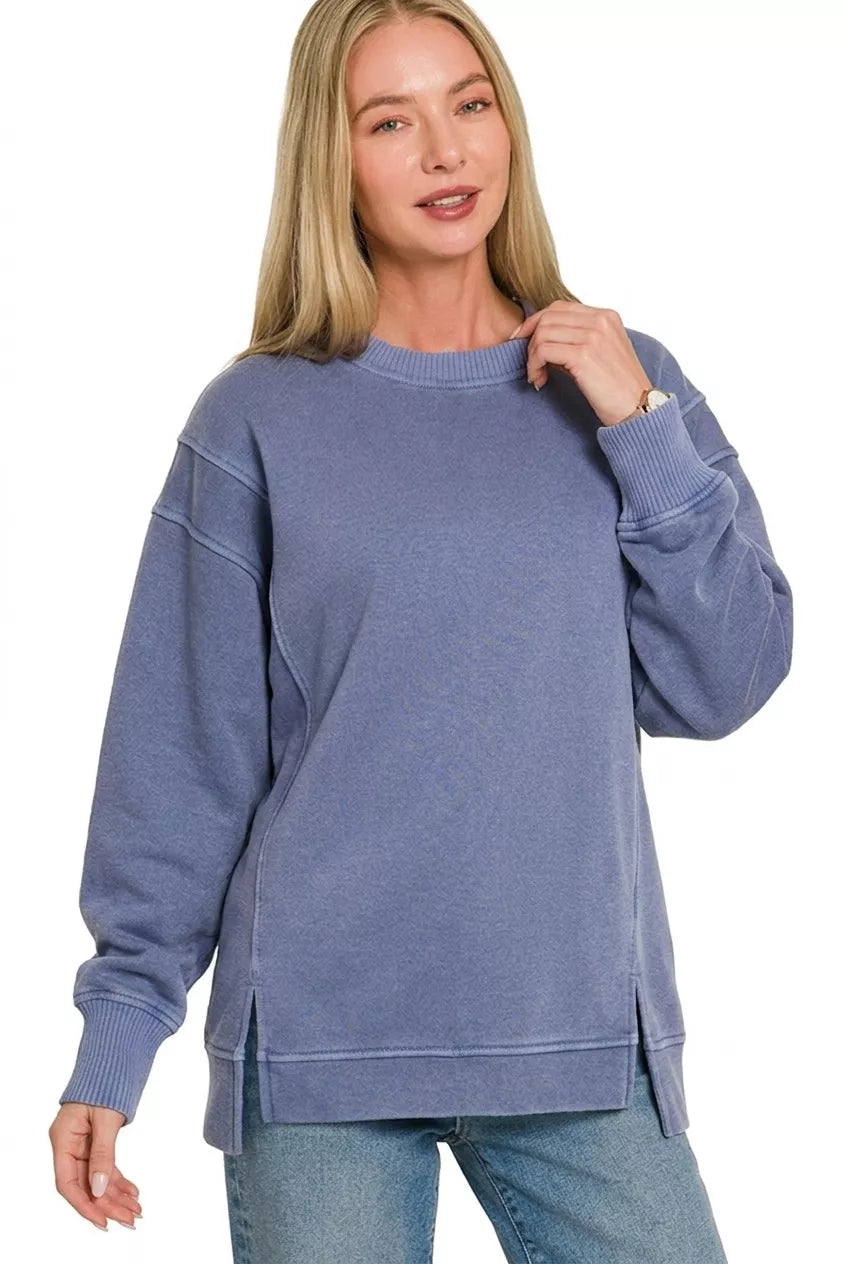 Zenana Pigment Dye Exposed-Seam Fleece Sweatshirt in Light Navy
