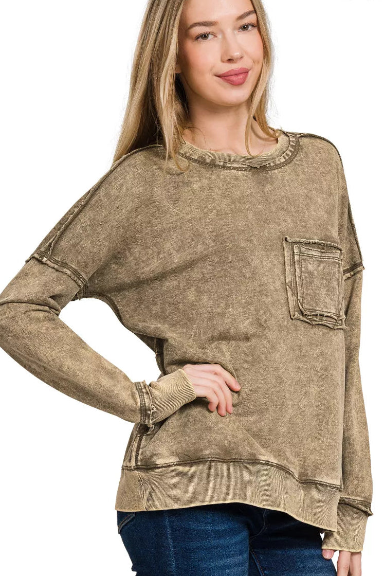 Zenana French Terry Washed Raw Edge Front Pocket Pullover Sweatshirt in Mocha
