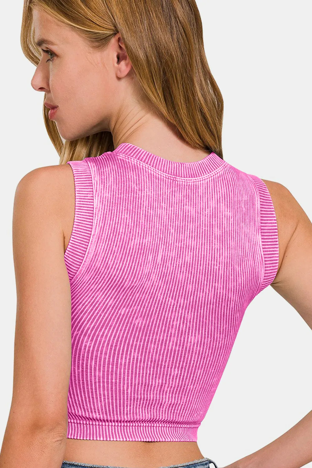 Zenana Washed Ribbed Seamless Crop Tank with Bra in Bright Mauve
