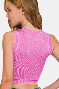 Zenana Washed Ribbed Seamless Crop Tank with Bra in Bright Mauve
