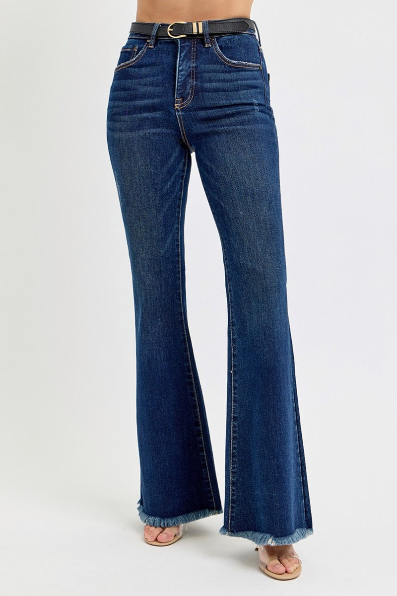 RISEN High Rise Tummy Control Frayed Hem Flare Jeans