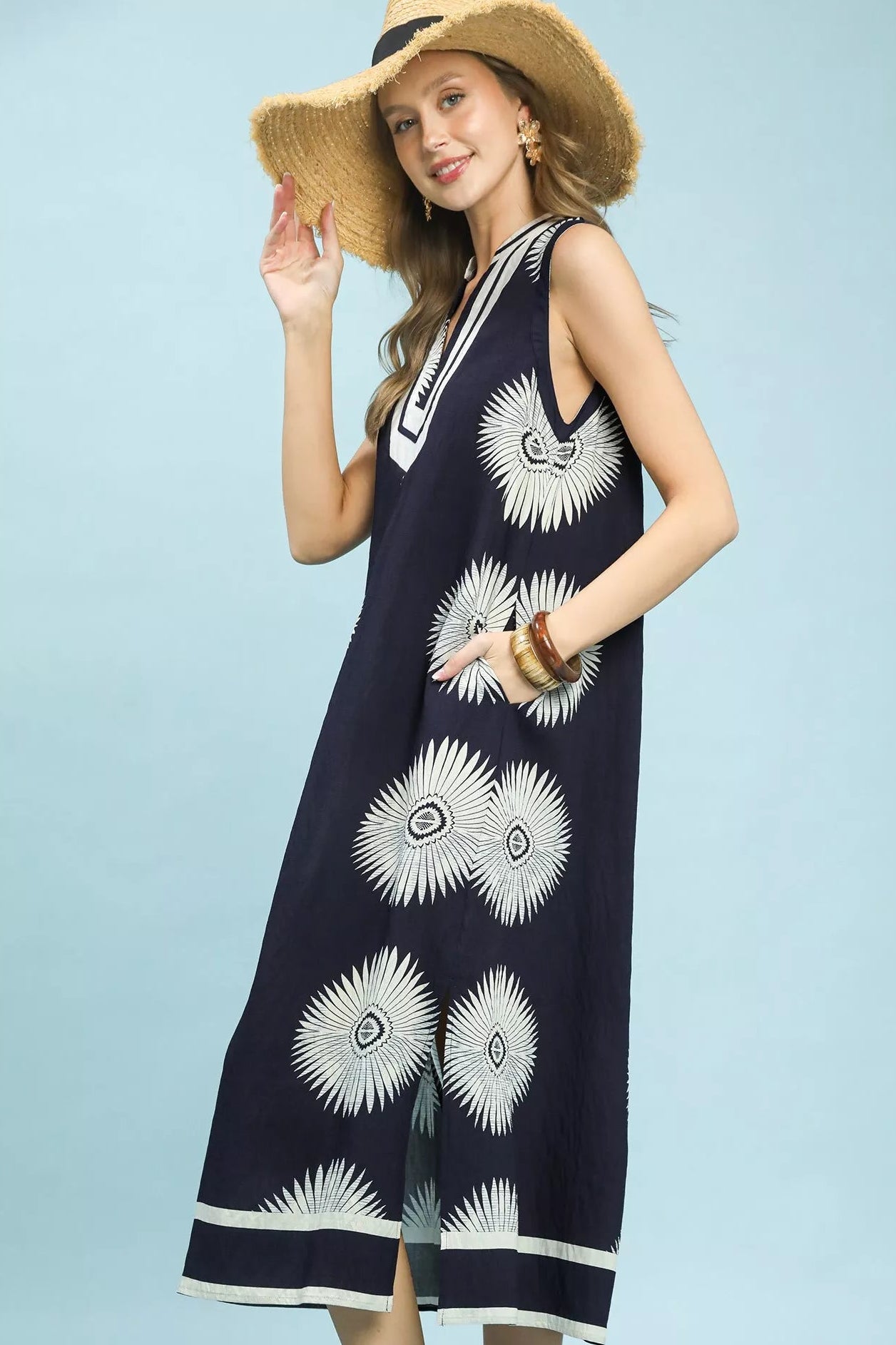Umgee Geometric Midi Dress in Navy