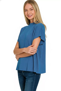 Zenana Viscose Mock Neck Short Sleeve Boxy Sweater Knit Top in Classic Blue