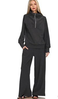 Ribbed High Neck Half Zip Pullover & Pants Set in Black