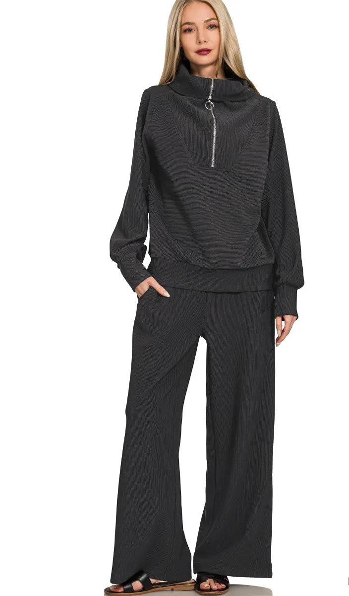 Ribbed High Neck Half Zip Pullover & Pants Set in Black