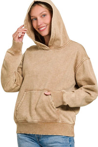 Fleece Mineral Wash Basic Hoodie in Deep Camel