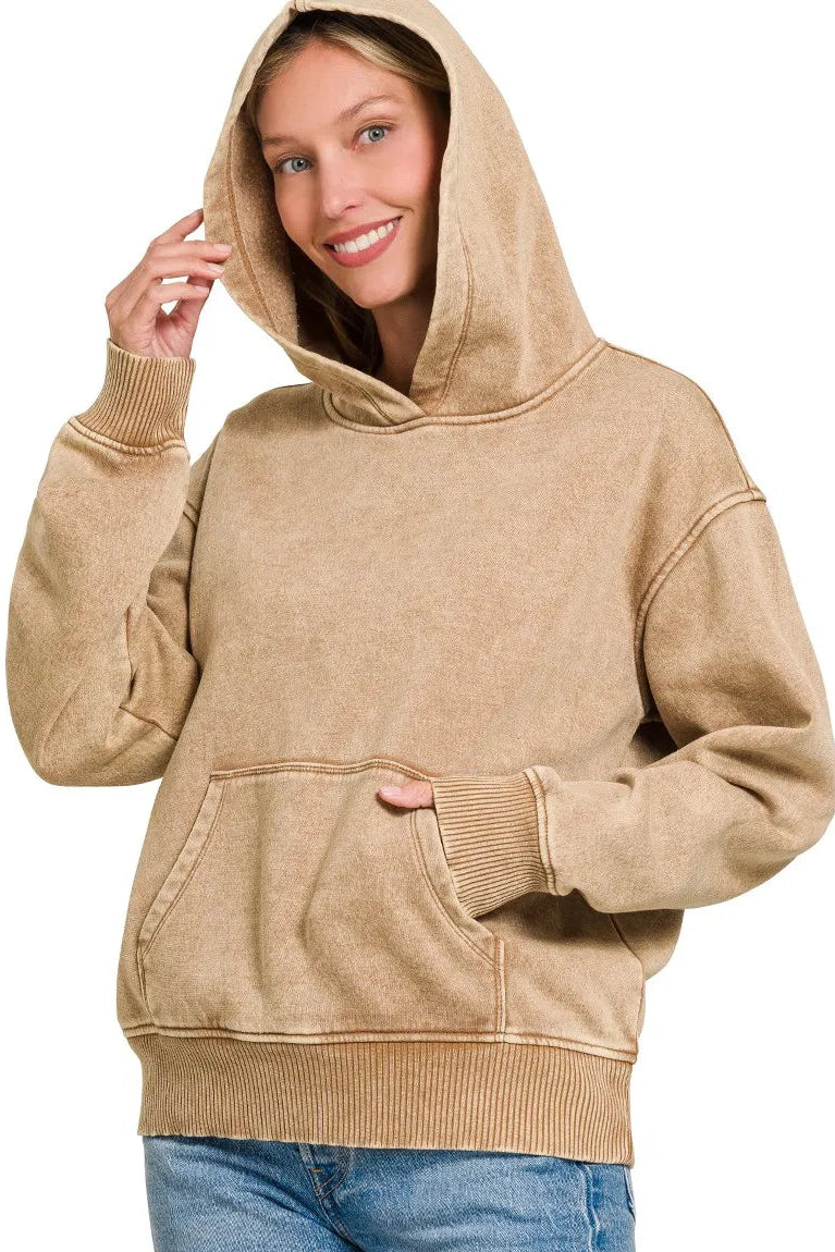Fleece Mineral Wash Basic Hoodie in Deep Camel