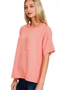 Zenana Raised Rib Short Sleeve Front Pocket Tee in Coral