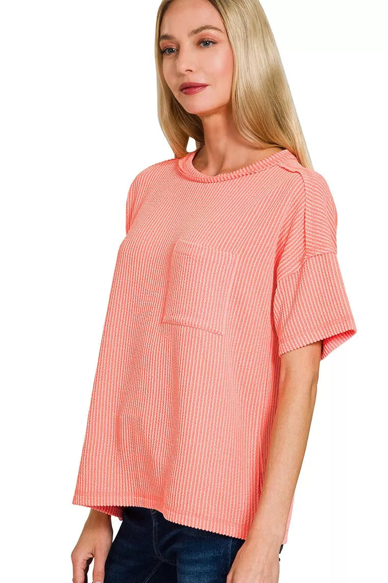 Zenana Raised Rib Short Sleeve Front Pocket Tee in Coral