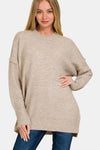 High-Low Hem Drop Shoulder Melange Sweater - Heather Mocha