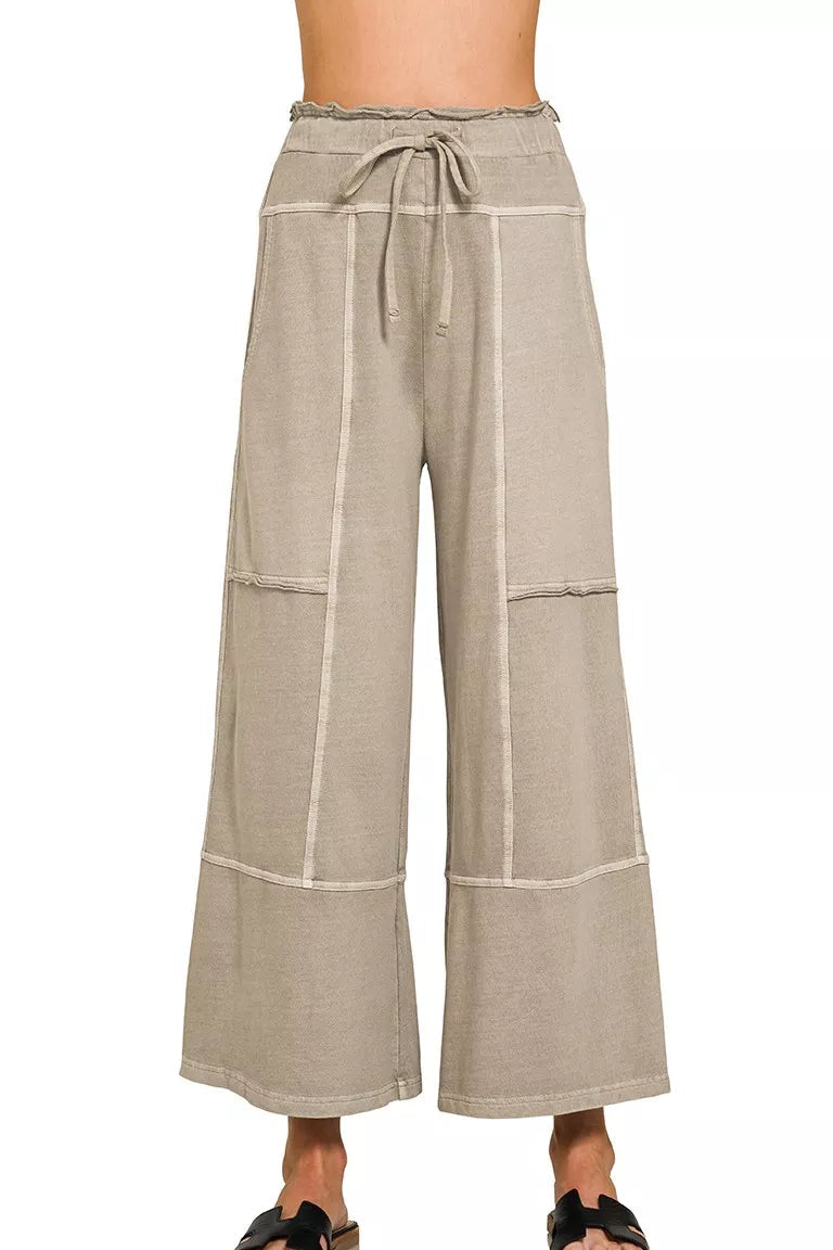 Zenana French Terry Washed Exposed Seam Wide Leg Pants in Ash Mocha