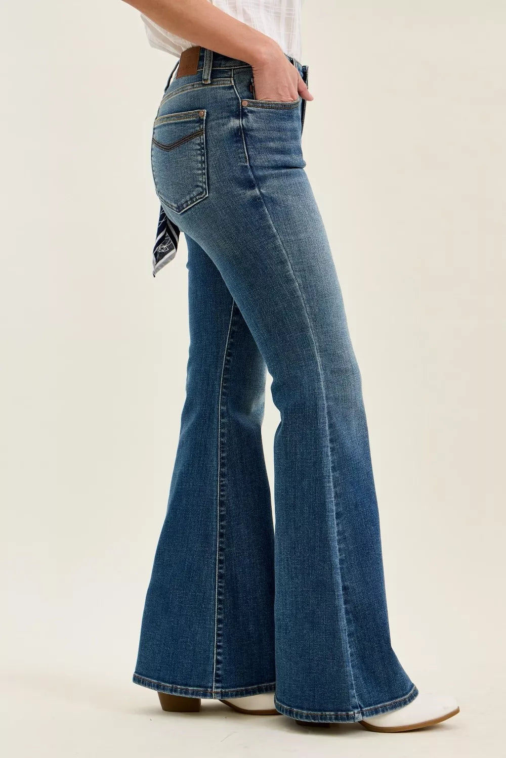 Judy Blue Mid Rise Jaqueline Flare Jeans with Embroidered Back Pockets 