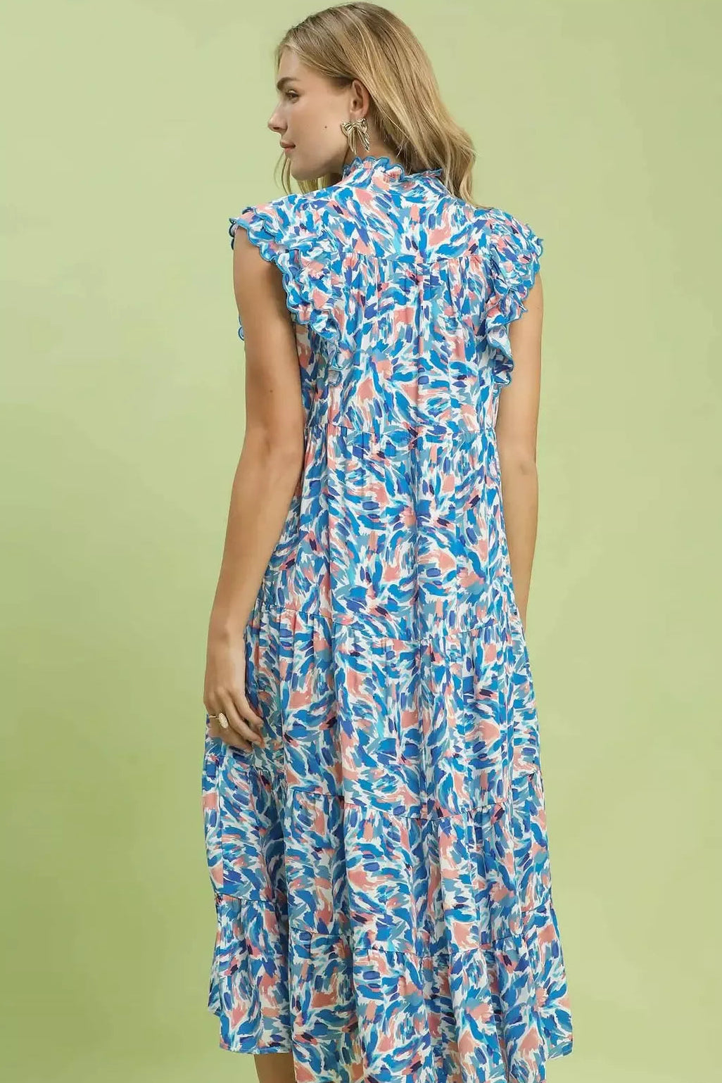 Umgee Leaf Print Midi Tiered Dress with Side Pockets
