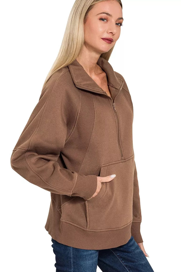 Zenana Half Zip Fleece Sweatshirt with Kangaroo Pocket in Brown
