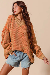 So Me Oversized Two Tone Textured V-Neck Sweater
