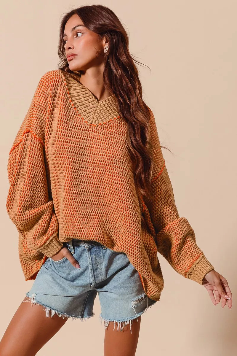 So Me Oversized Two Tone Textured V-Neck Sweater