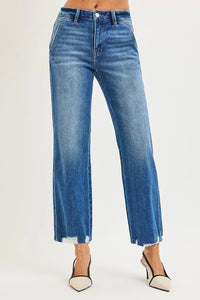 Risen High Rise Ankle Straight Distressed Hem Jeans