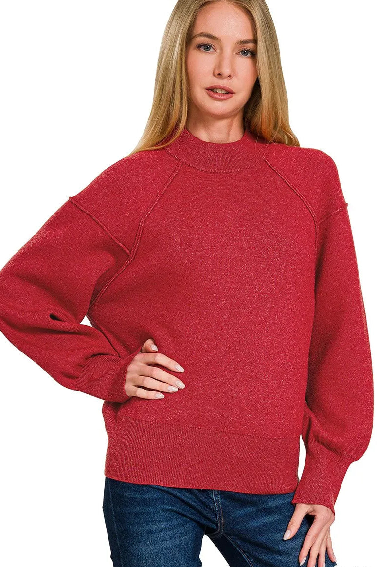 Zenana Red Mock Neck Exposed Seam Sweater