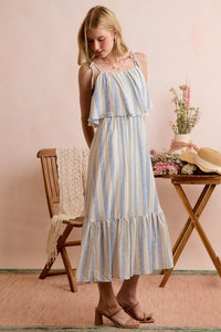 So Me Nautical Stripe Tiered Shoulder Tie Midi Dress