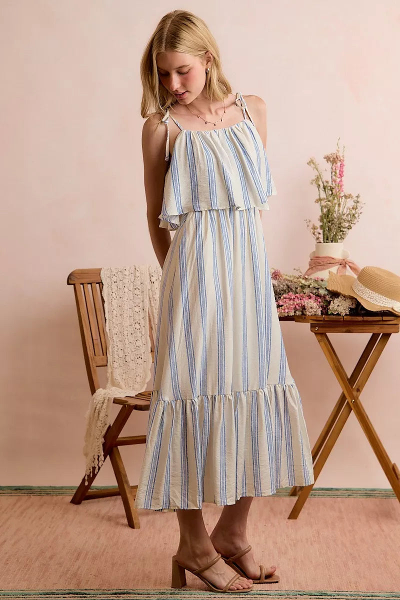So Me Nautical Stripe Tiered Shoulder Tie Midi Dress