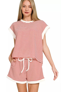 Zenana Stripe Contrast Trim Top & Shorts Set in Ruby