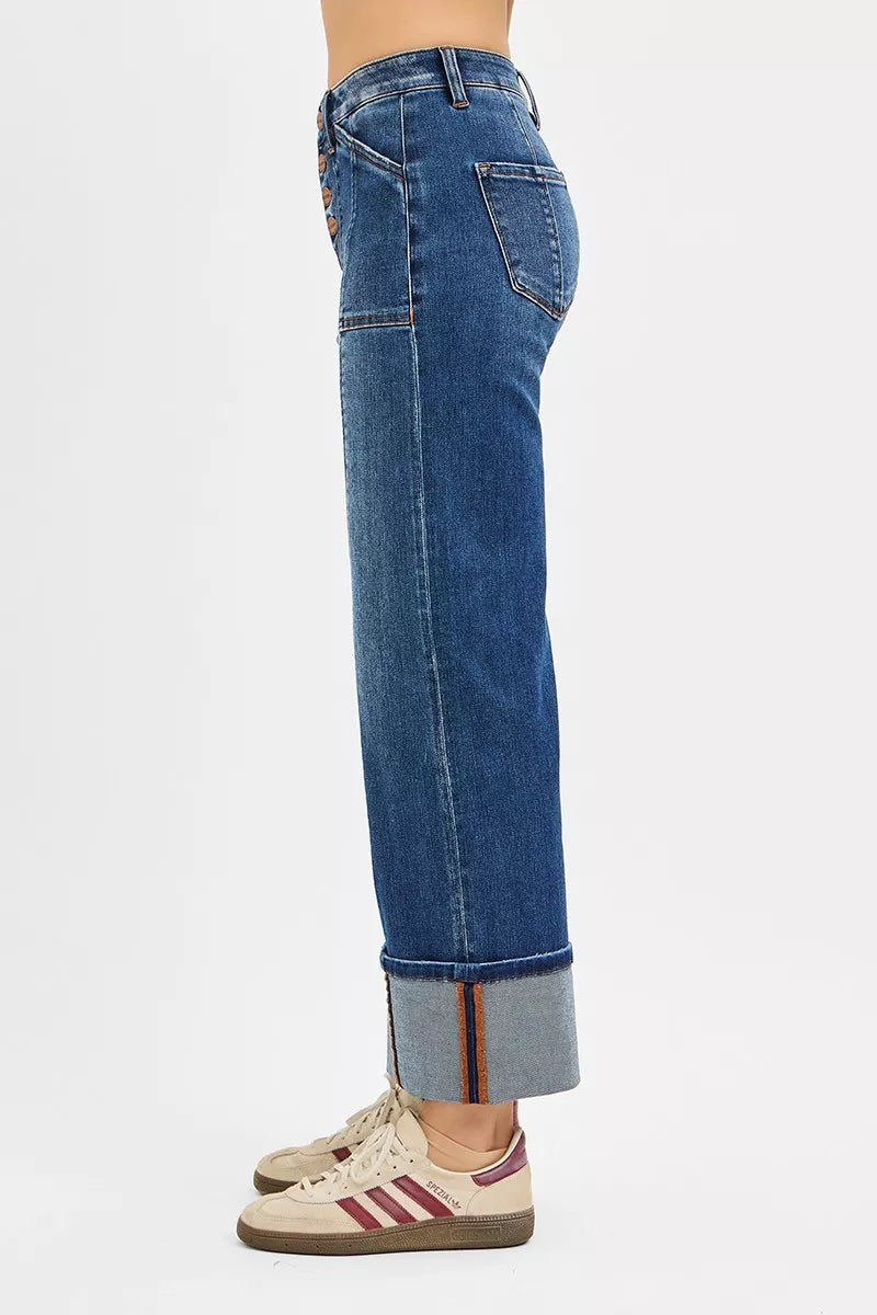Risen High Rise Crop Wide Straight Cuffed Jeans