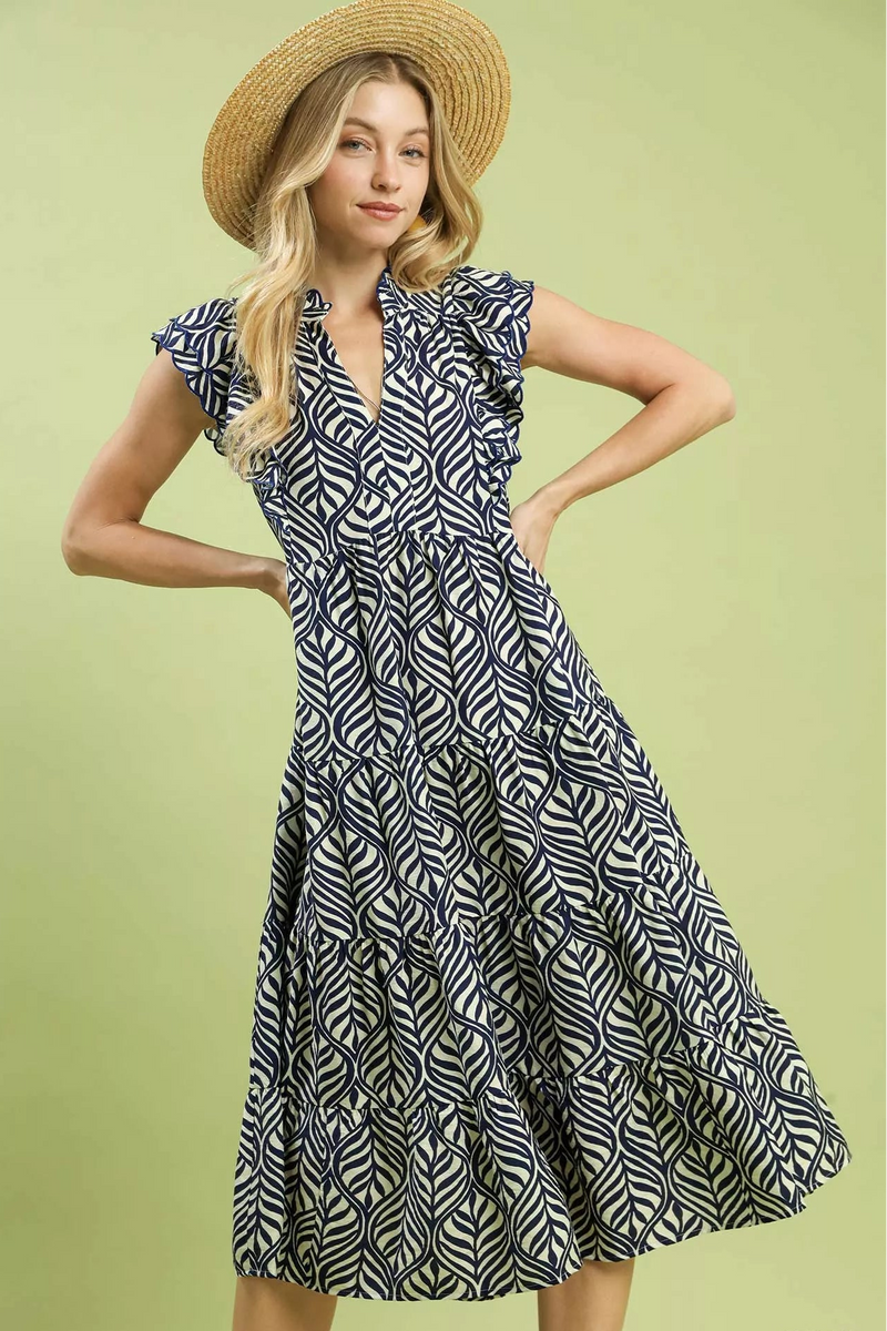 Umgee Leaf Print Tiered Midi Dress with Ruffle Detail in Navy