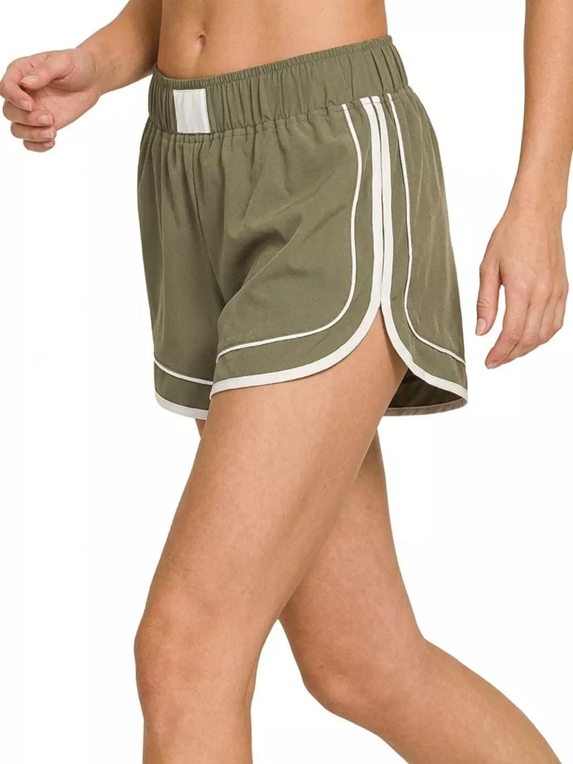 Zenana Woven Lined Dolphin Shorts in Dusty Olive