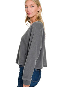 Zenana Washed French Terry Pullover & Pants Set in Black