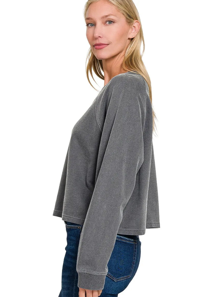 Zenana Washed French Terry Pullover & Pants Set in Black