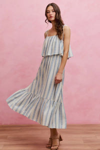 So Me Nautical Stripe Tiered Shoulder Tie Midi Dress