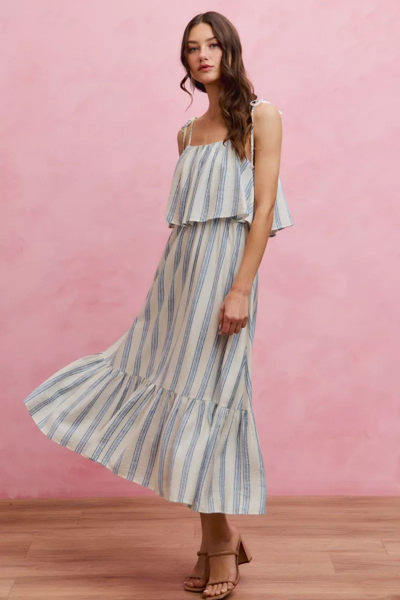 So Me Nautical Stripe Tiered Shoulder Tie Midi Dress