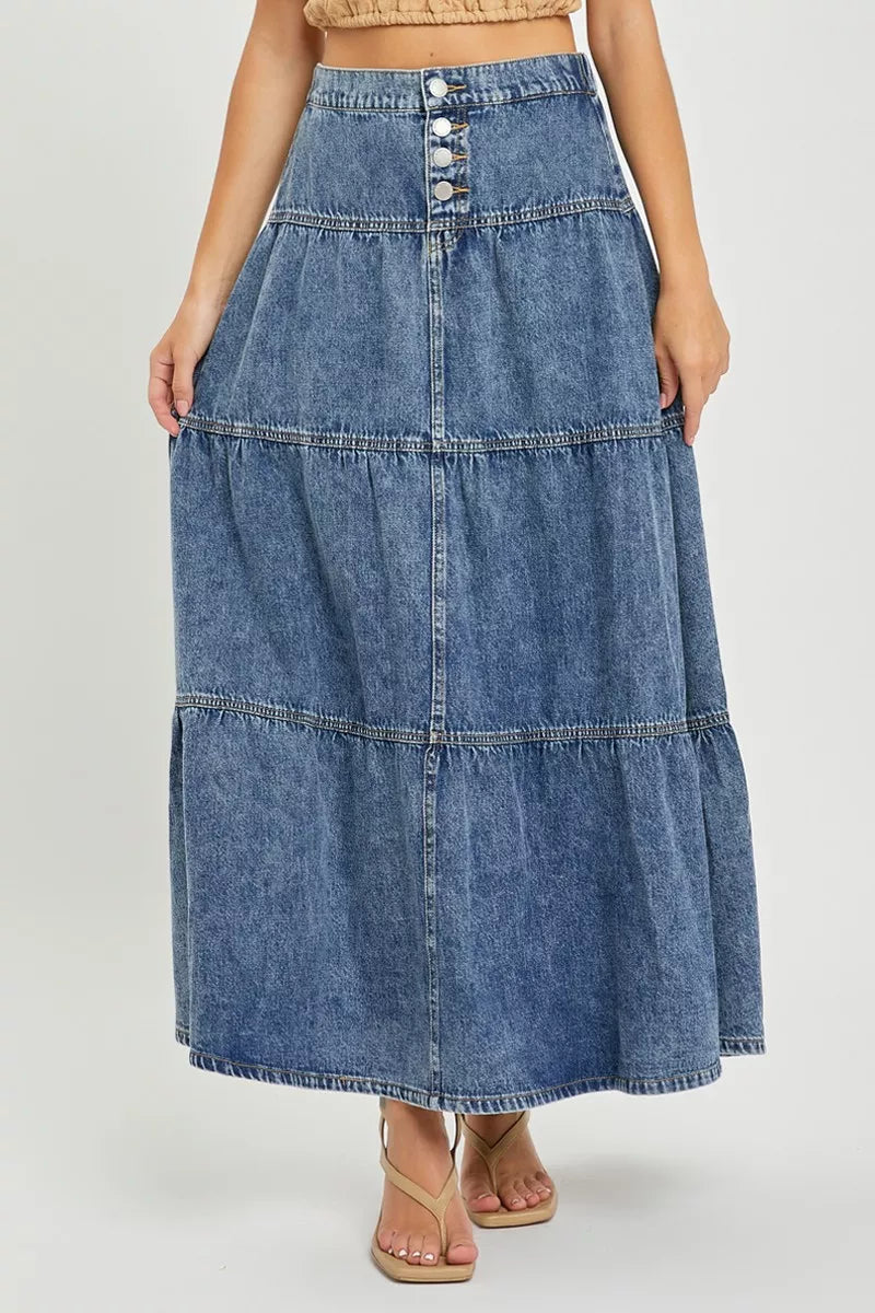 Risen Tiered Denim Maxi Skirt